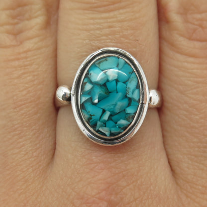 925 Sterling Silver Vintage RK Poland Real Turquoise Inlay Ring Size 8.5