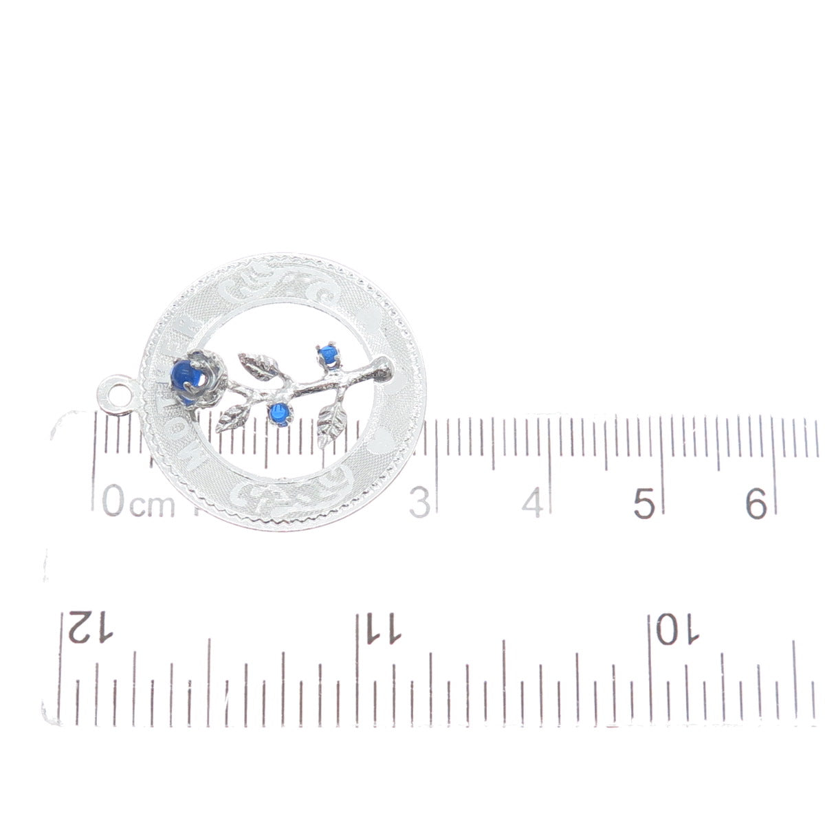 925 Sterling Silver Vintage M&M Blue Rhinestone Mother Rose Charm Pendant