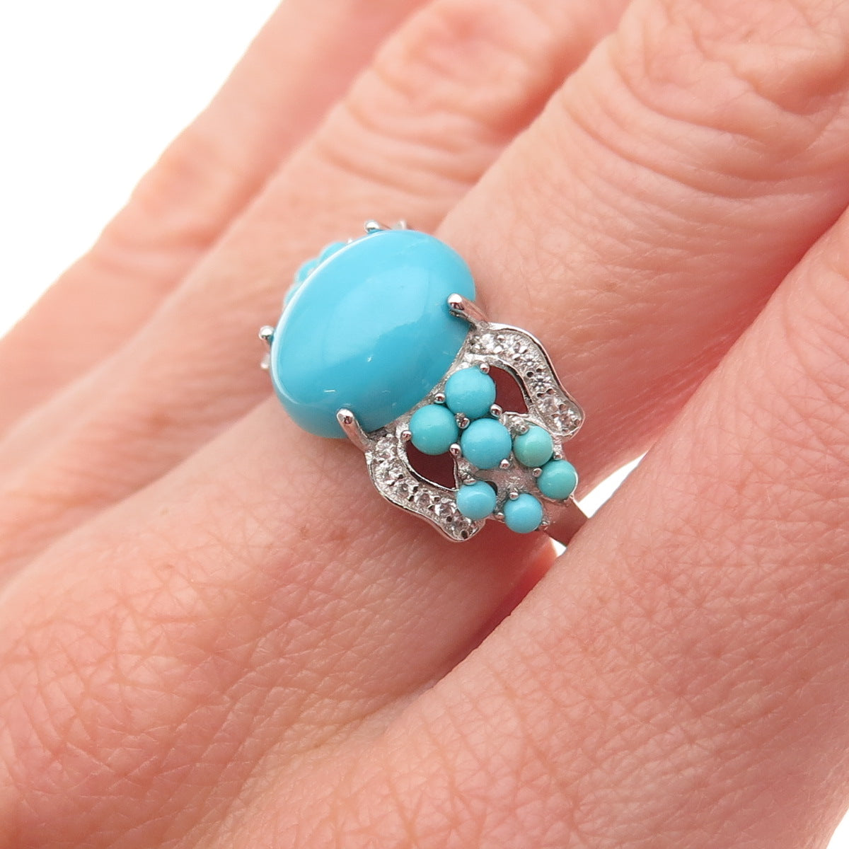 925 Sterling Silver Real Sleeping Beauty Turquoise & White Topaz Ring Size 8