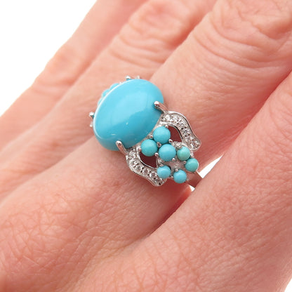 925 Sterling Silver Real Sleeping Beauty Turquoise & White Topaz Ring Size 8