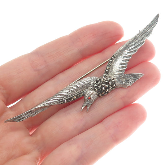 835 Silver Vintage Real Marcasite & Rhinestone Flying Bird Oxidized Pin Brooch