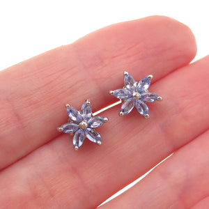Chuck Clemency Sterling Silver Real Marquise-Cut Tanzanite Floral Stud Earrings