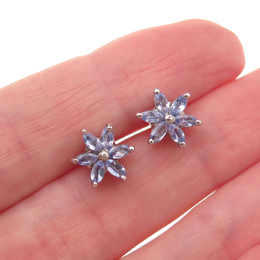 Chuck Clemency Sterling Silver Real Marquise-Cut Tanzanite Floral Stud Earrings