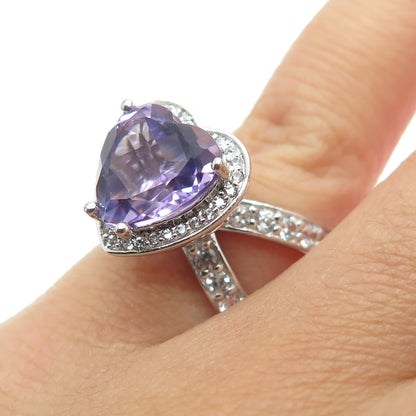 925 Sterling Silver Real White Topaz & Amethyst Gemstone Heart Ring Size 6.25