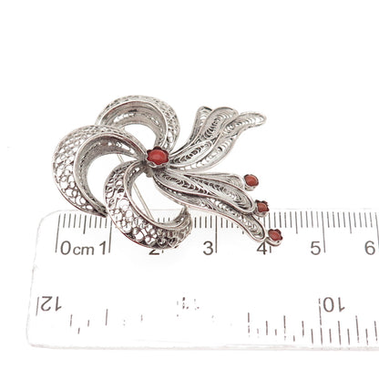 800 Silver Antique Art Deco Real Coral Floral Filigree Pin Brooch