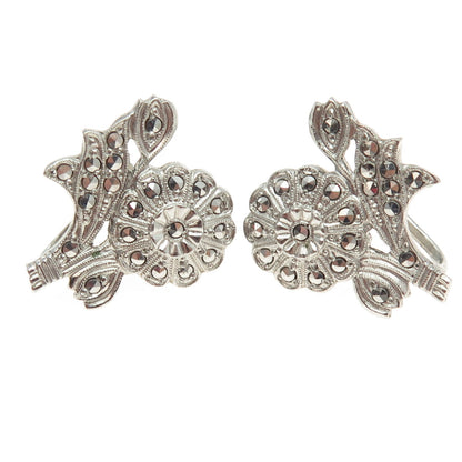 925 Sterling Silver Antique Art Deco Marcasite Gem Floral Screw Back Earrings