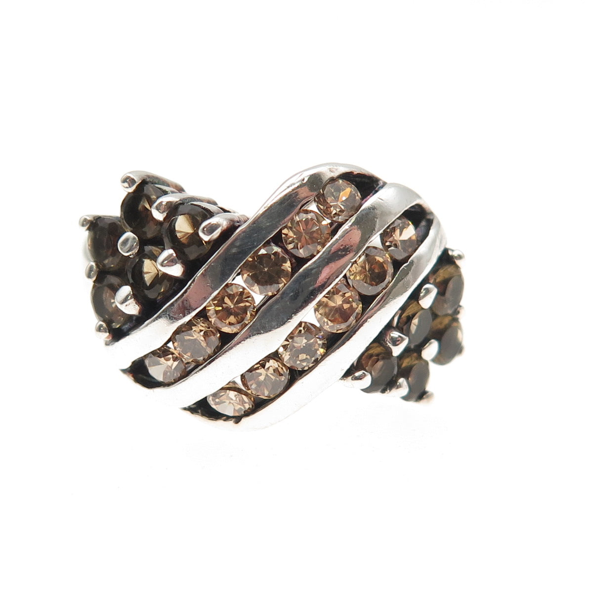 925 Sterling Silver Vintage Real Round-Cut Smoky Quartz Ring Size 6