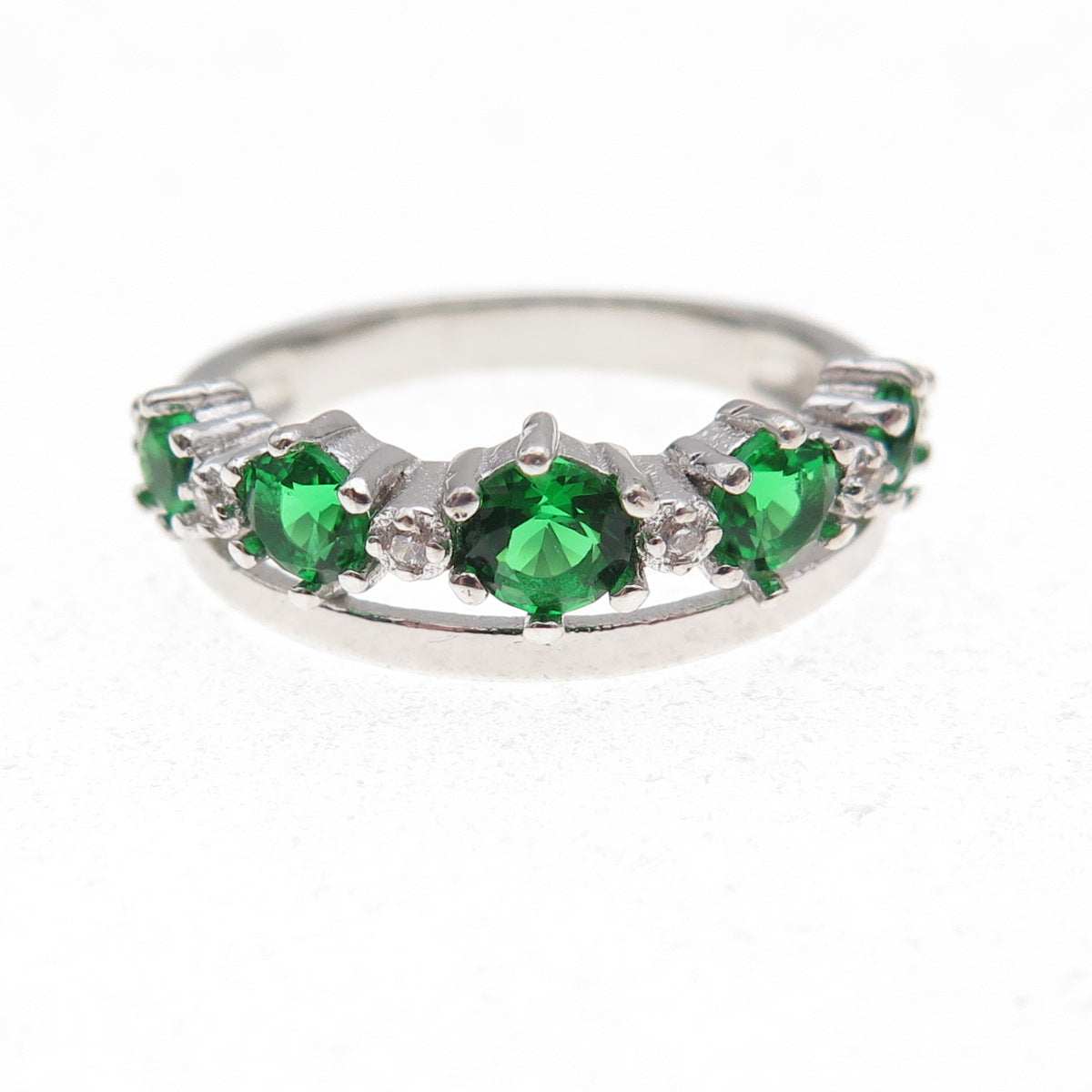 925 Sterling Silver Real Round-Cut Chrome Diopside & C Z Tiara Ring Size 6