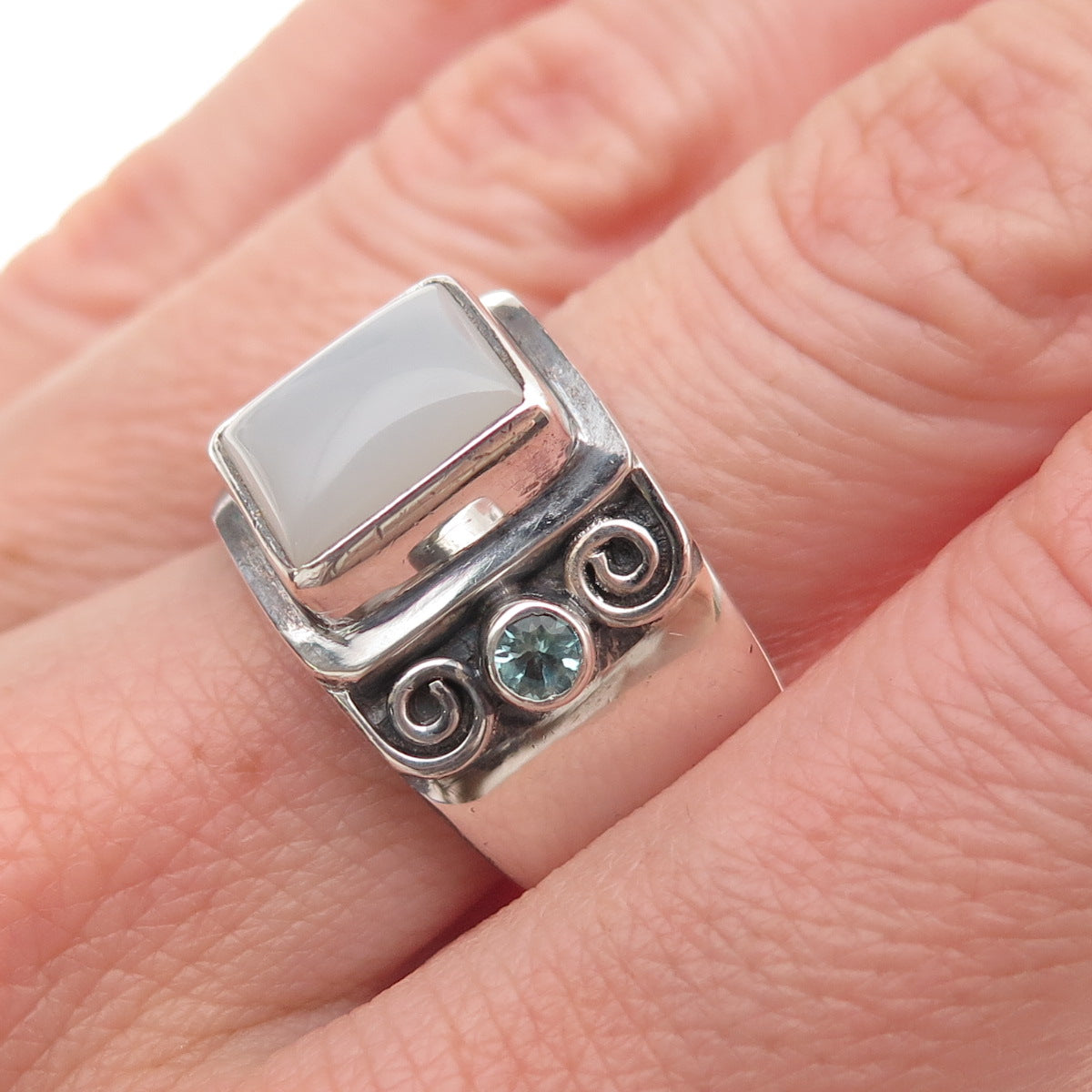 Sajen Sterling Silver Vintage Real Chalcedony & Aquamarine Oxidized Ring Size 8