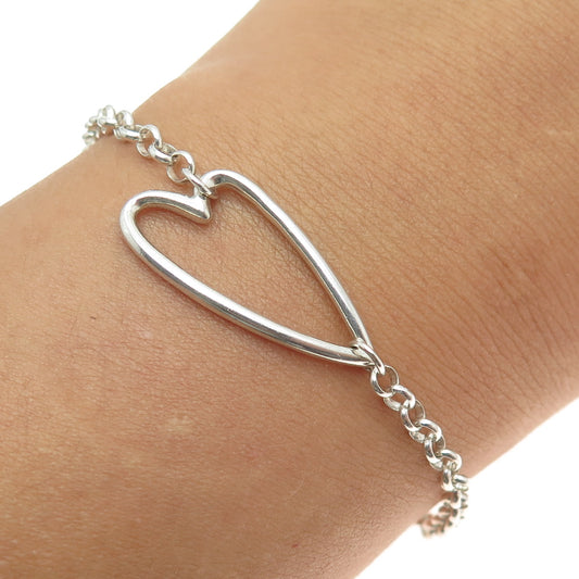 925 Sterling Silver Vintage Modernist Heart "LOVE" Rolo Link Bracelet 7-7.75"