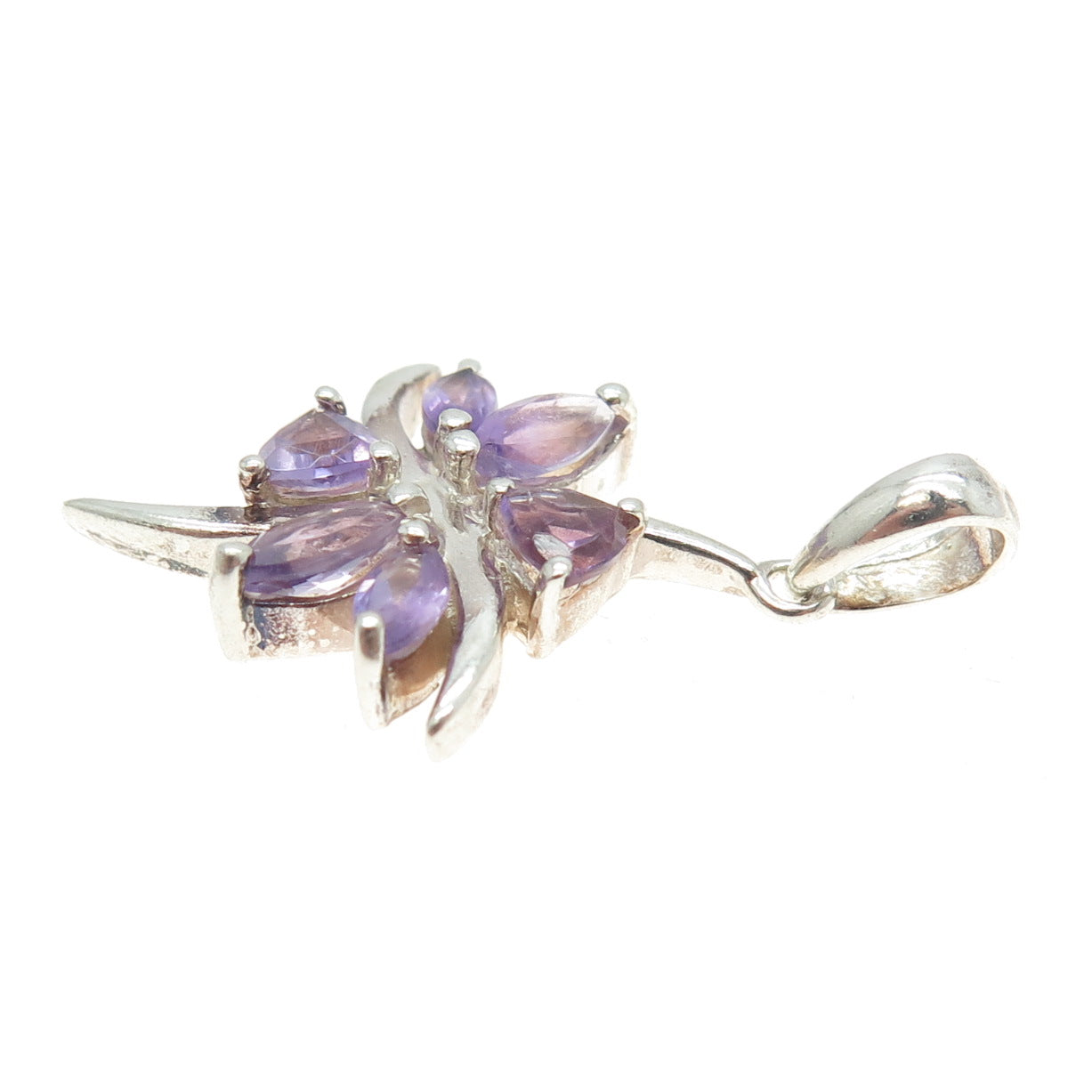 925 Sterling Silver Real Marquise & Triangle-Cut Amethyst Floral Pendant