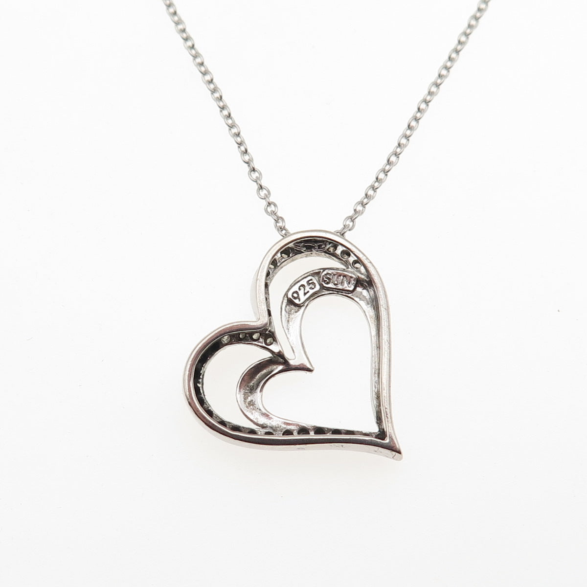 925 Sterling Silver Real Round-Cut Diamond Heart Cable Chain Necklace 18"