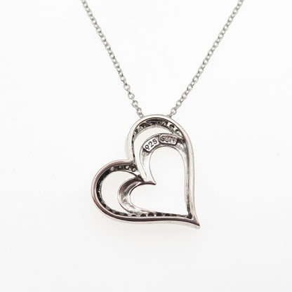 925 Sterling Silver Real Round-Cut Diamond Heart Cable Chain Necklace 18"