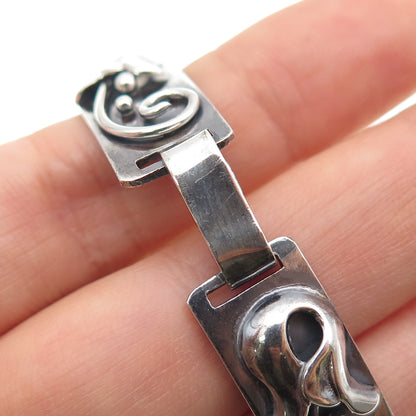 BEAU 925 Sterling Silver Antique Art Deco Flower Oxidized Panel Link Bracelet 7"