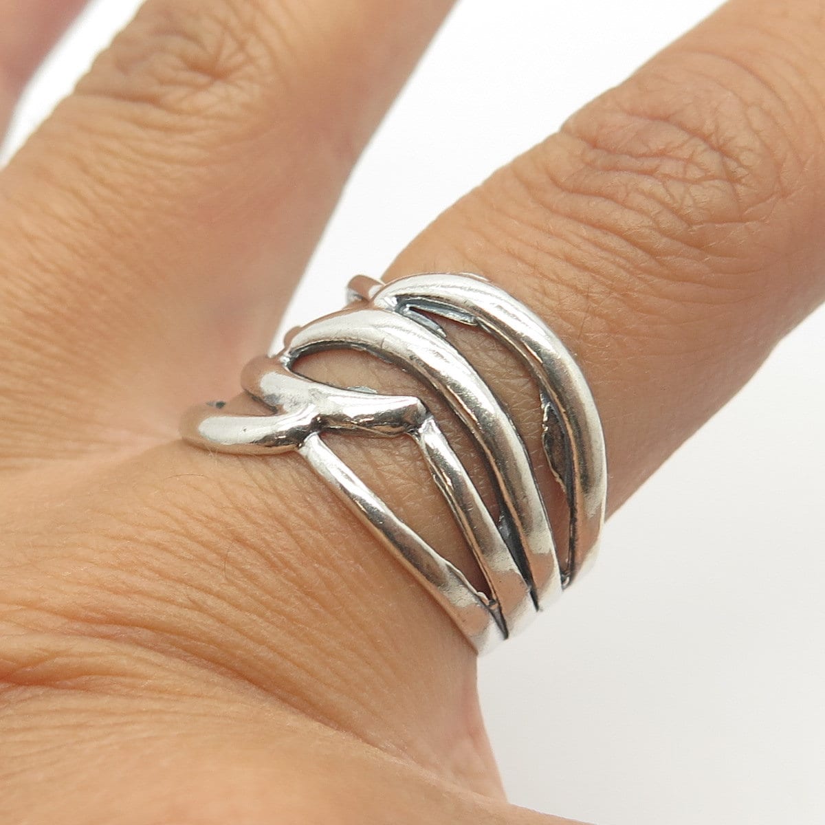 925 Sterling Silver Vintage Modernist 4-Row Ring Size 8.5