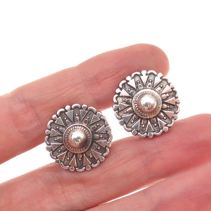 925 Sterling Silver Antique Art Deco Sun Shield Oxidized Screw Back Earrings
