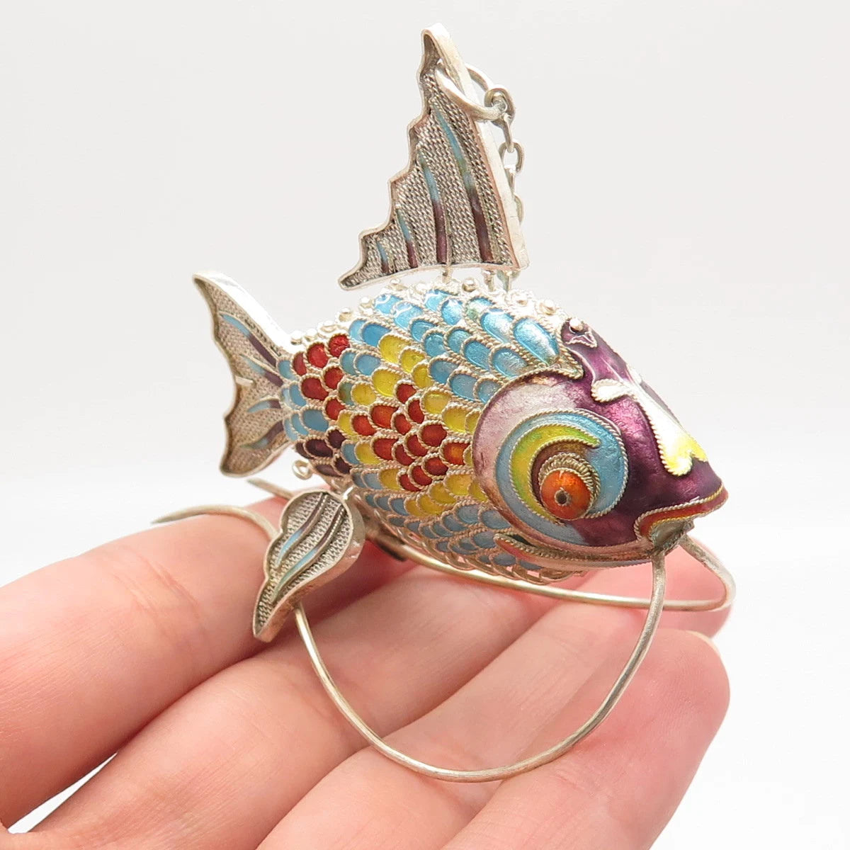 925 Sterling Silver Antique Colorful Enamel Articulated Chinese Koi Fish Fob