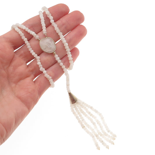 925 Sterling Gold Plated Vintage Real Moonstone Tassel Beaded Chain Necklace 28"