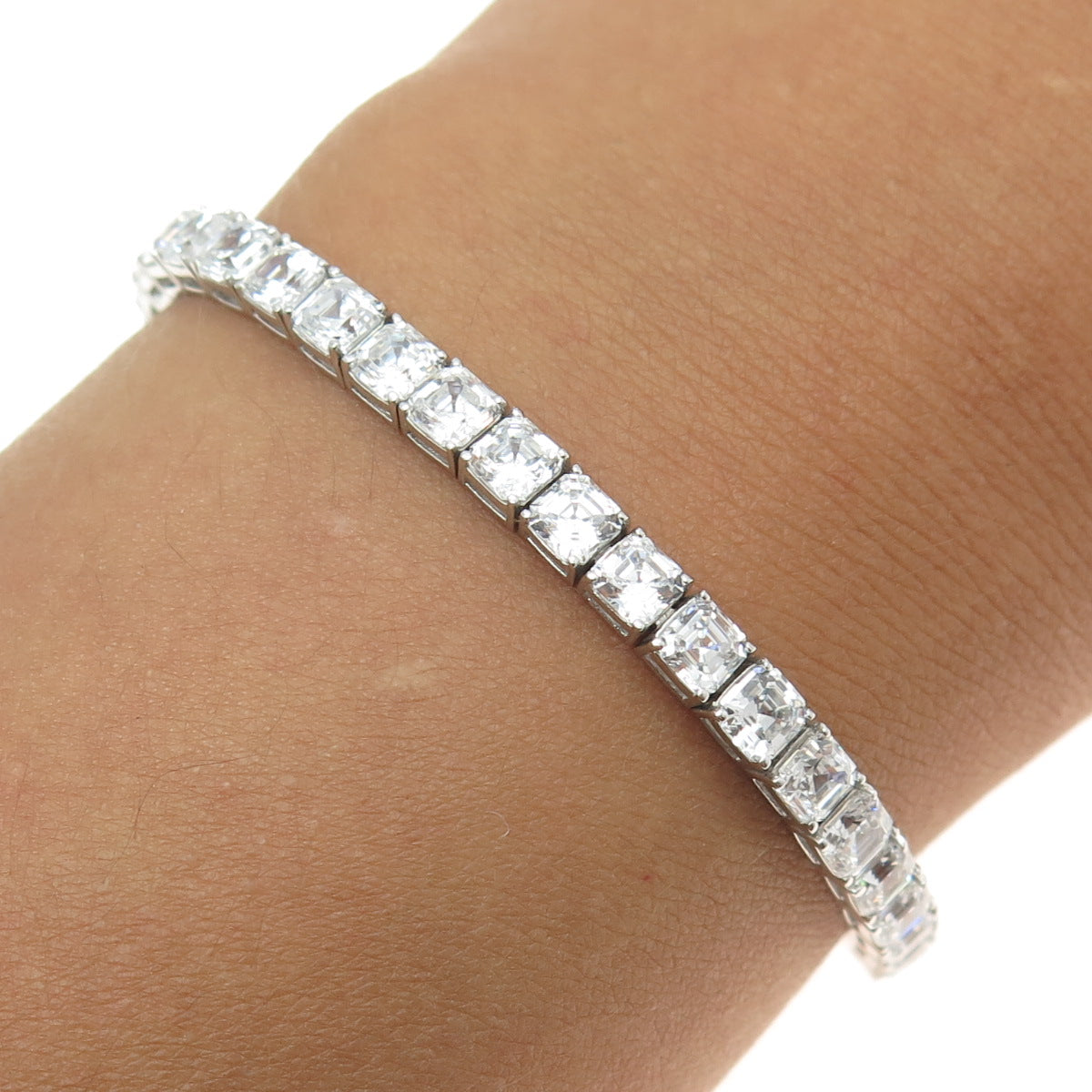 925 Sterling Silver Cushion-Cut Shaped C Z Tennis Link Bracelet 7.25"