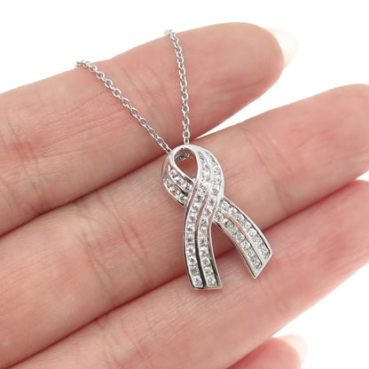 925 Sterling Silver Pave C Z Ribbon Pendant Rolo Chain Necklace 18"