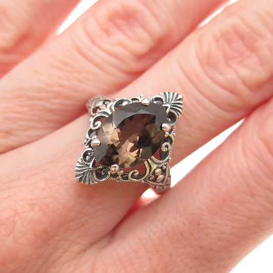 CNA Pranda 925 Sterling Silver Vintage Real Smoky Quartz Oxidized Ring Size 7