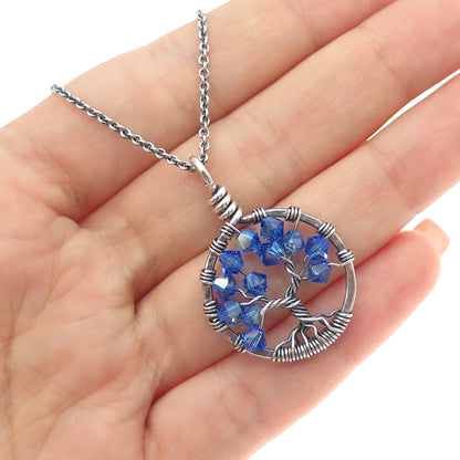 Treasure Trove Sterling Silver Vintage Blue Crystal Tree of Life Necklace 22"
