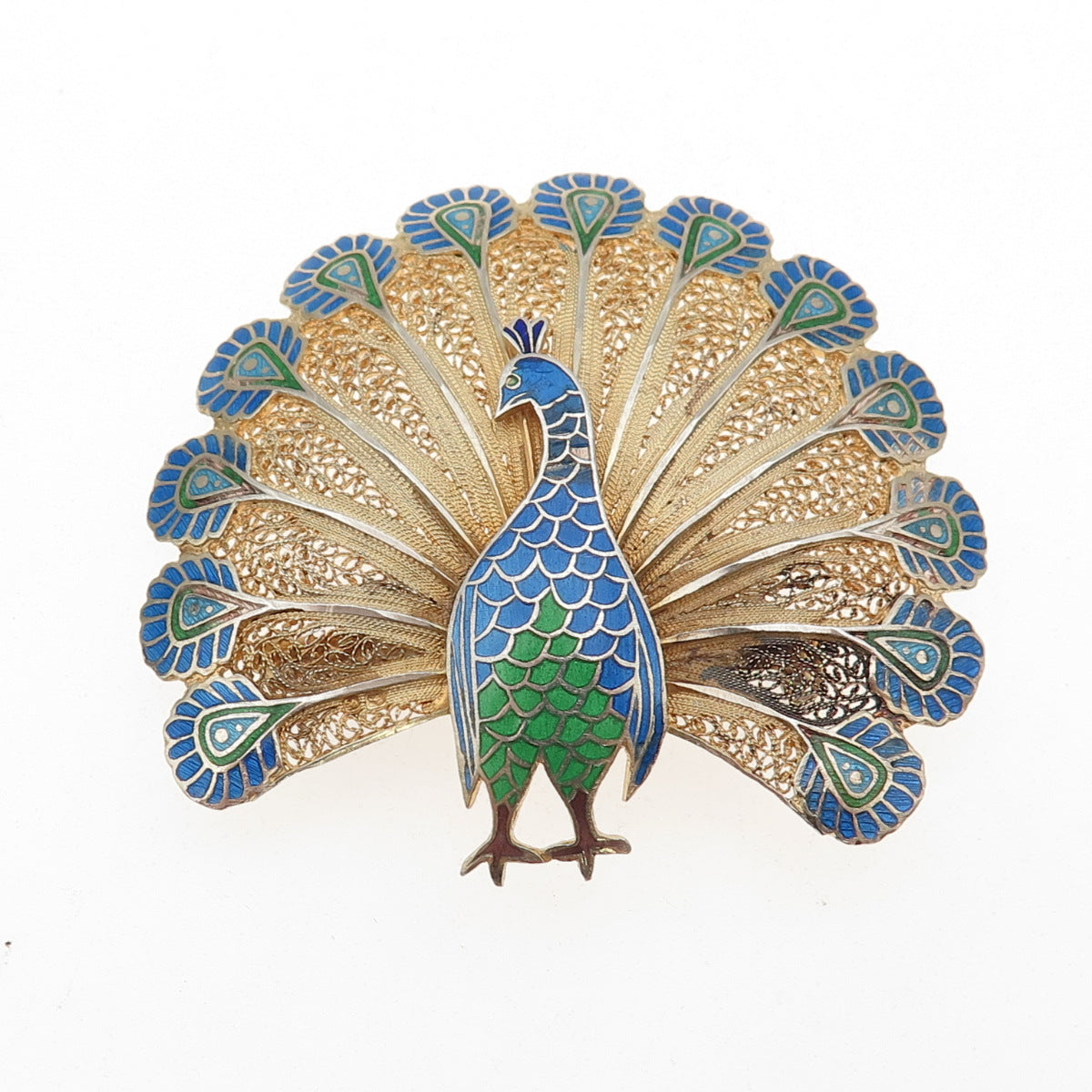 TOPAZIO 925 Sterling Gold Plated Vintage Portugal Enamel Peacock Filigree Brooch
