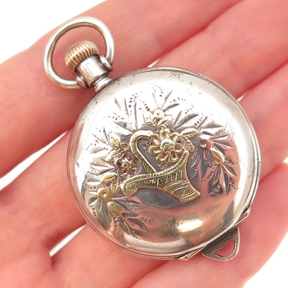 Elgin 925 Sterling & Gold Accent Antique Art Deco Open Face Pocket Watch