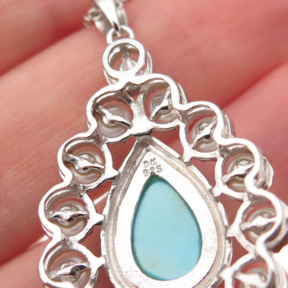 925 Sterling Silver Real Turquoise & Pearl Teardrop Cable Chain Necklace 18"