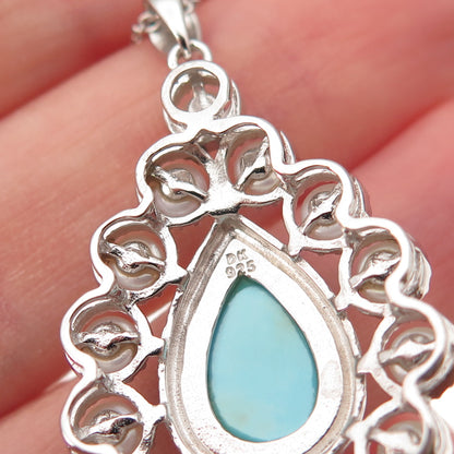 925 Sterling Silver Real Turquoise & Pearl Teardrop Cable Chain Necklace 18"