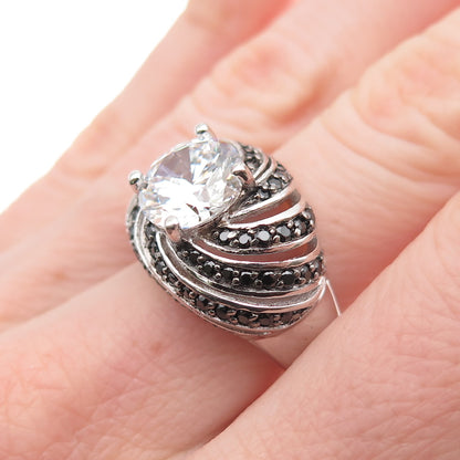 925 Sterling Silver Real Round-Cut Black Spinel & C Z Ring Size 7