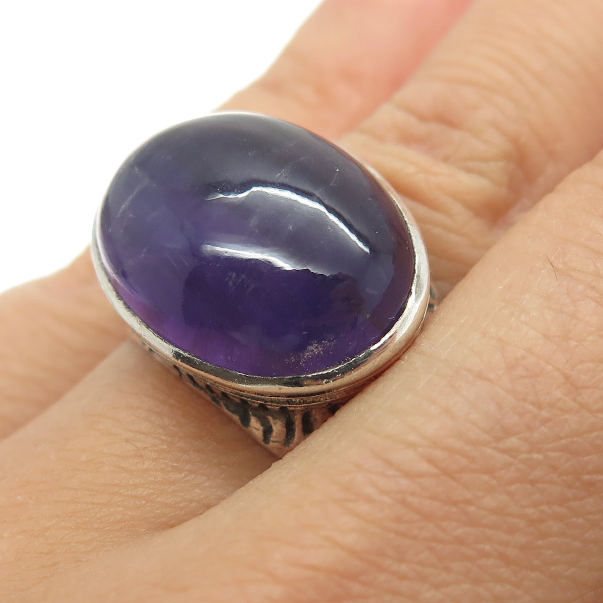 925 Sterling Silver Vintage Real Cabochon Amethyst Ring Size 6.75