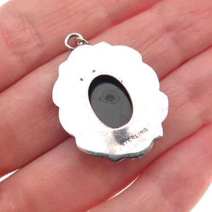 925 Sterling Silver Antique Real Black Onyx Marcasite Pendant (missing 3 stones)