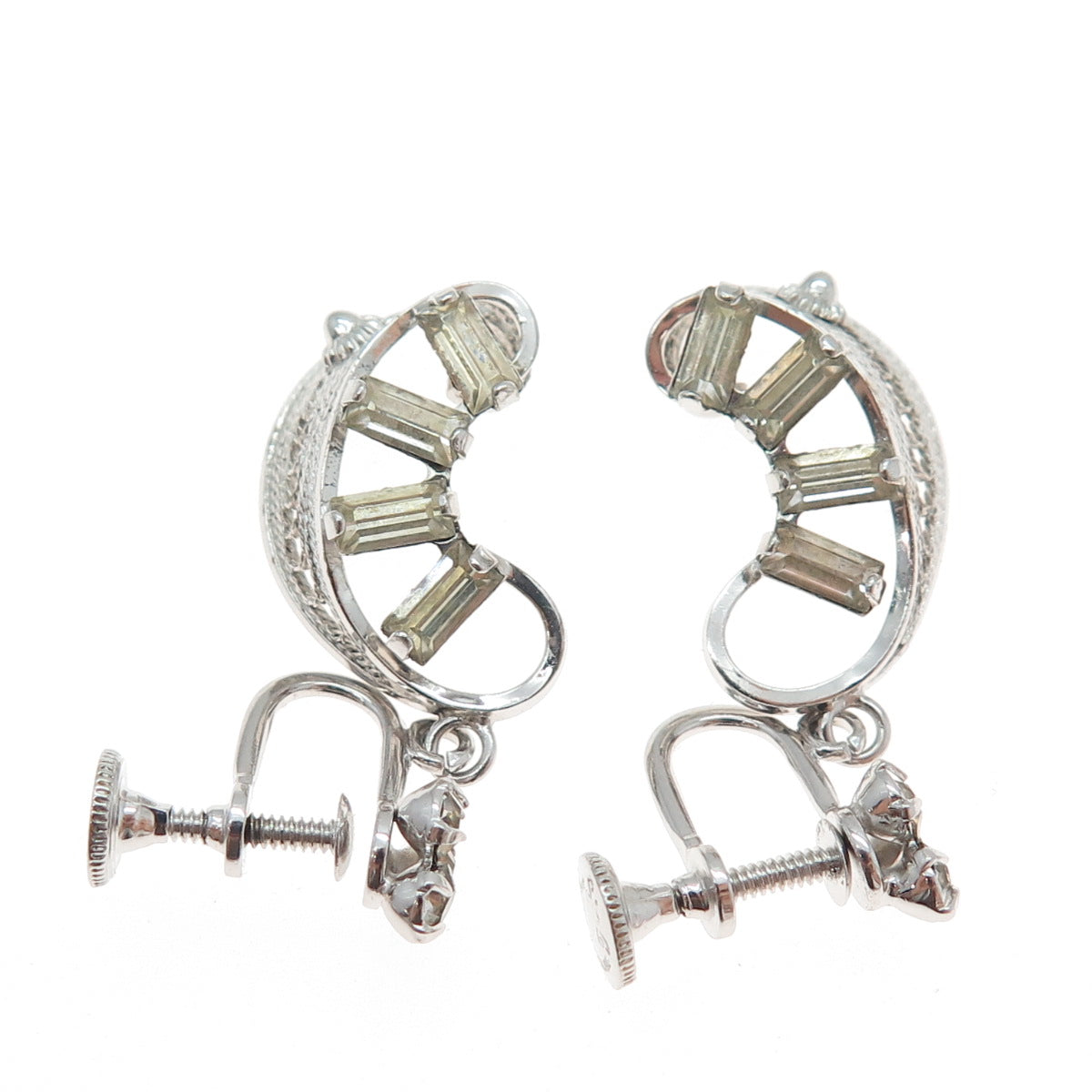 LORAN SIM CO. Sterling Antique Art Deco Rhinestone Filigree Screw Back Earrings