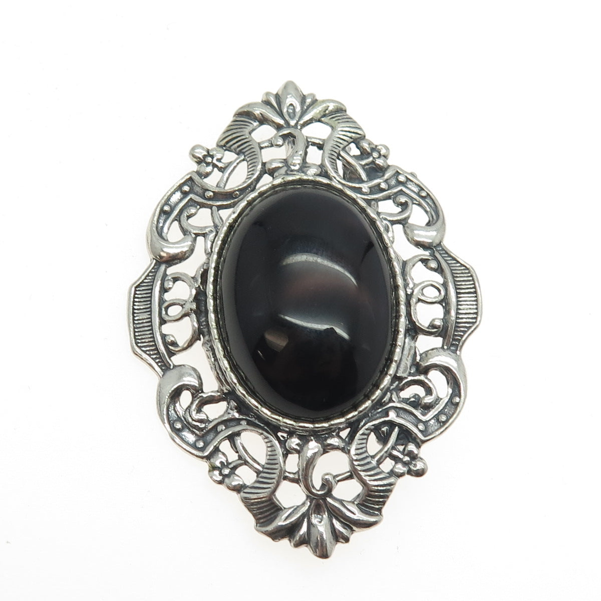 925 Sterling Silver Vintage Real Black Agate Ornate Pin Brooch / Pendant