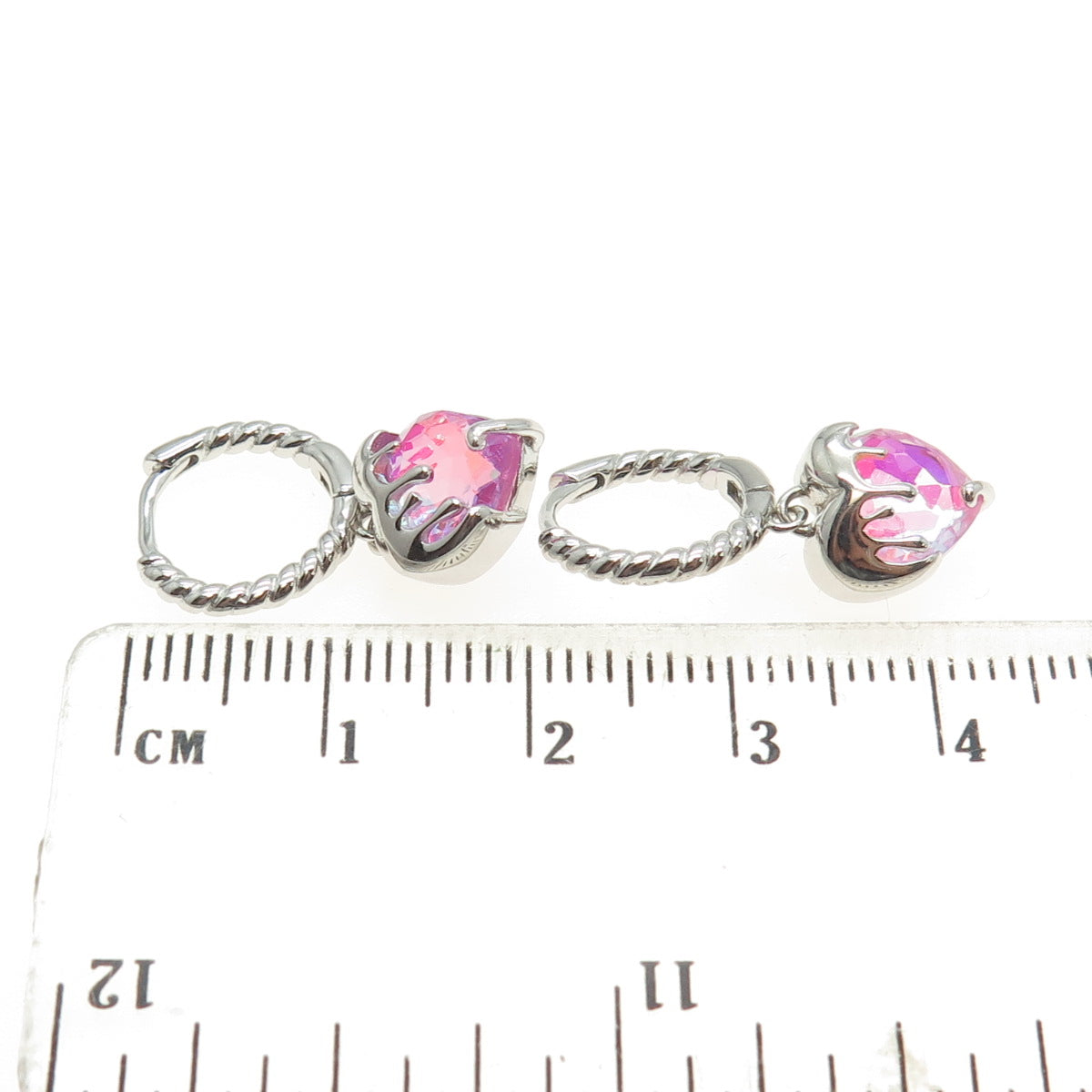 925 Sterling Silver Real Pink Opal Gemstone Heart Dangle Huggie Earrings