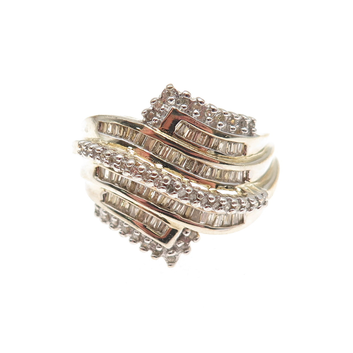 Sun 925 Sterling Silver Gold Plated Real Round & Emerald-Cut Diamond Ring Size 7