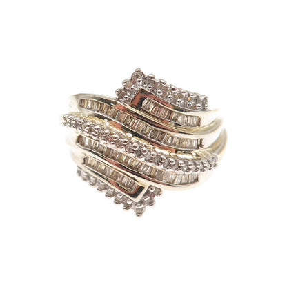 Sun 925 Sterling Silver Gold Plated Real Round & Emerald-Cut Diamond Ring Size 7