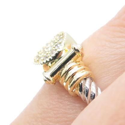 DSMK 925 Sterling Silver 2-Tone Round-Cut Shaped C Z Twisted Ring Size 7.25