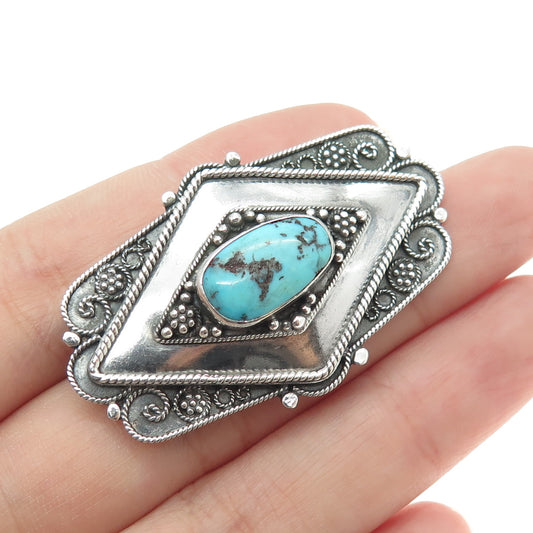 925 Sterling Silver Antique Israel Real Turquoise Granulated Oxidized Pin Brooch