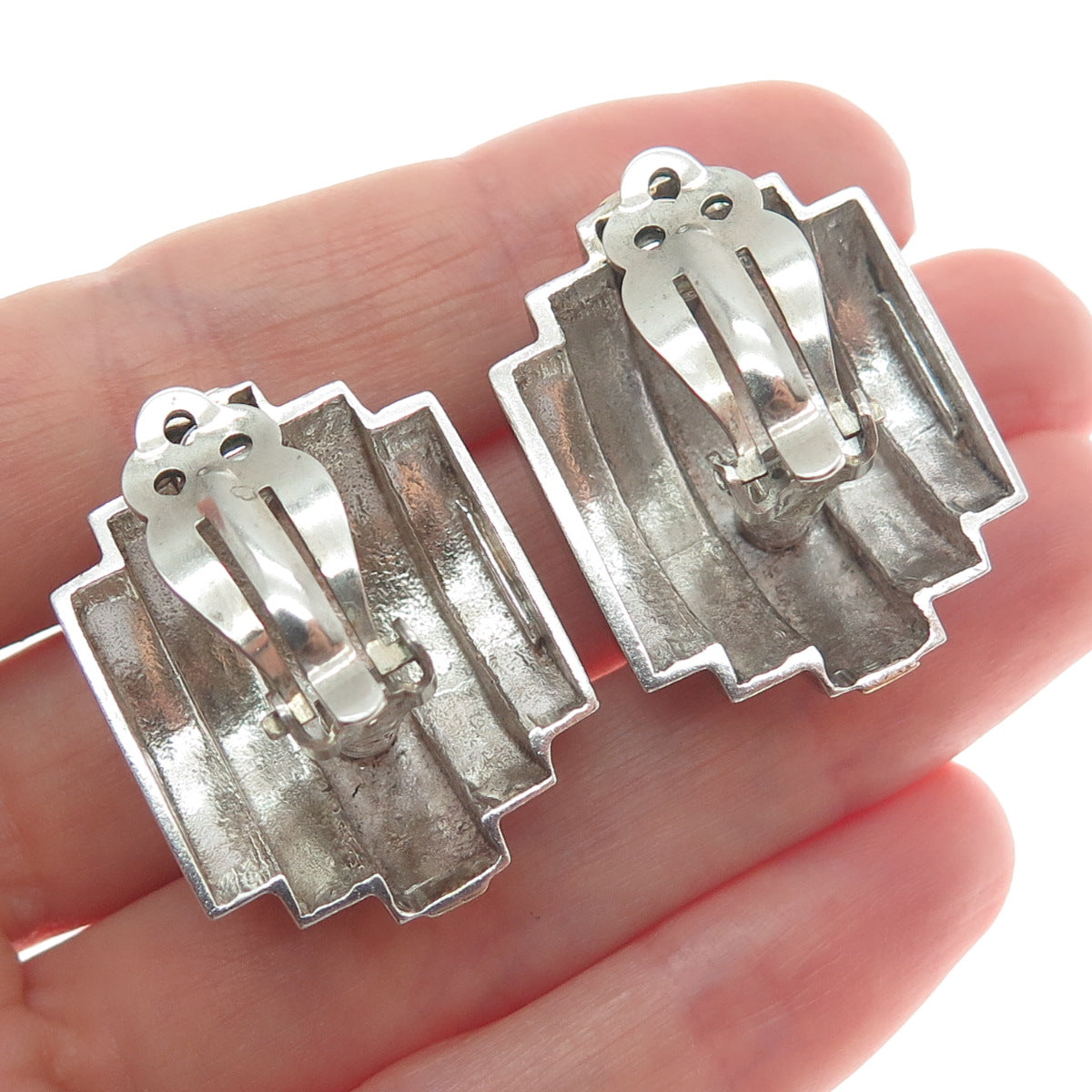 14K Gold & 925 Sterling Silver Vintage Modernist Oxidized Clip On Earrings