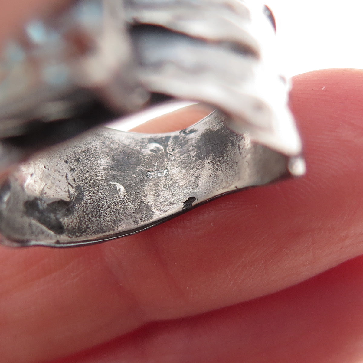925 Sterling Silver Vintage Blue C Z Modernist Oxidized Ring Size 8.25
