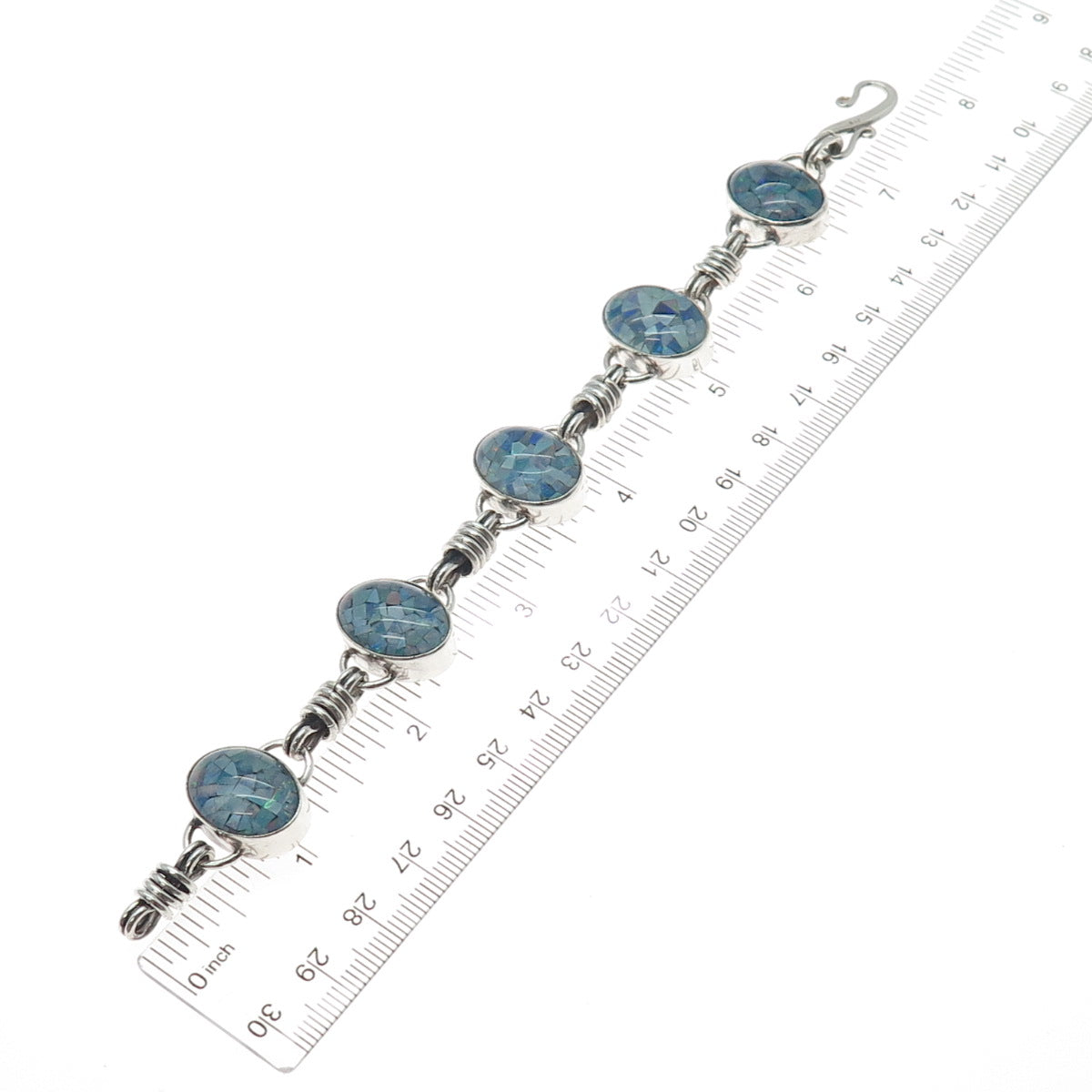 925 Sterling Silver Vintage Real Opal Inlay Station Link Bracelet 7"