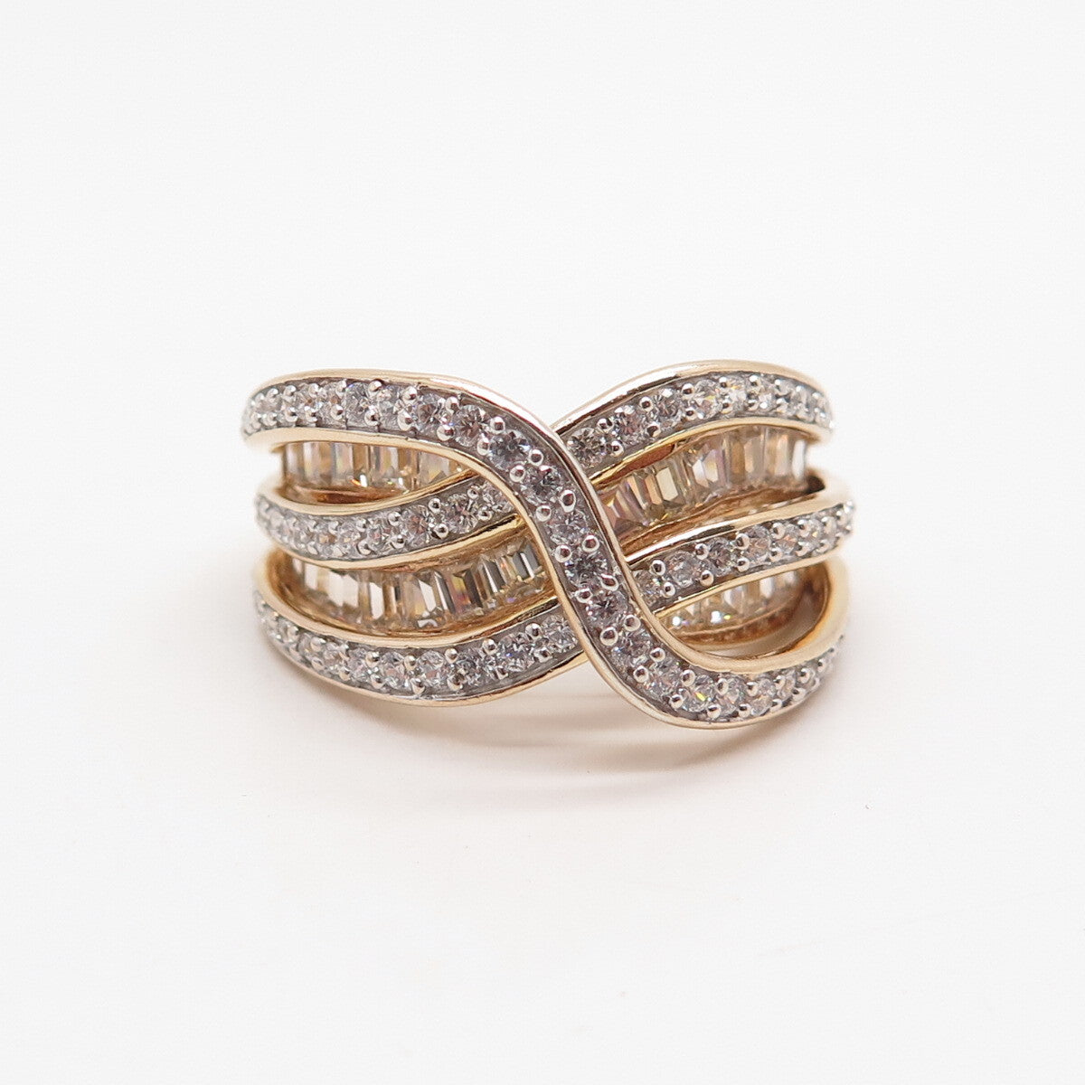 925 Sterling Silver Gold Plated C Z Crossover Ring Size 8
