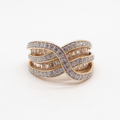 925 Sterling Silver Gold Plated C Z Crossover Ring Size 8