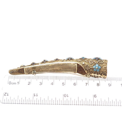 925 Sterling Gold Plated Antique China Turquoise Coral Finger Nail Guard Brooch