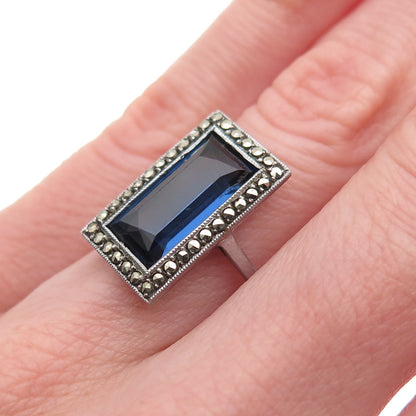 935 Silver Antique Art Deco Blue Rhinestone Real Marcasite Ring Size 5.75