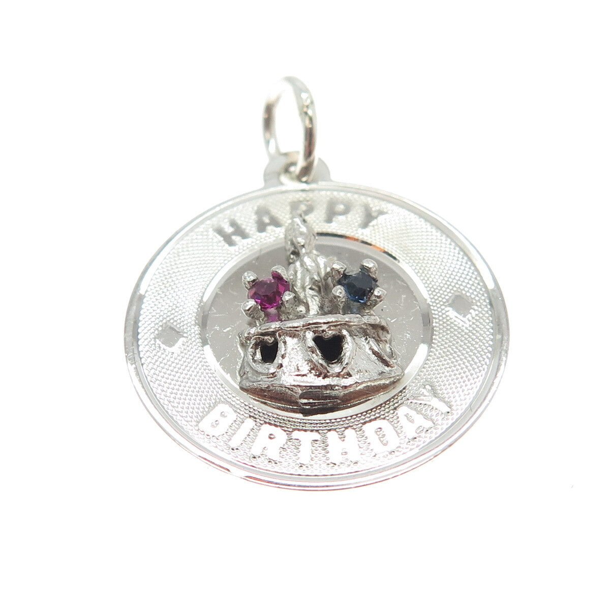 925 Sterling Silver Vintage Blue & Pink Rhinestone "Happy Birthday" Cake Pendant