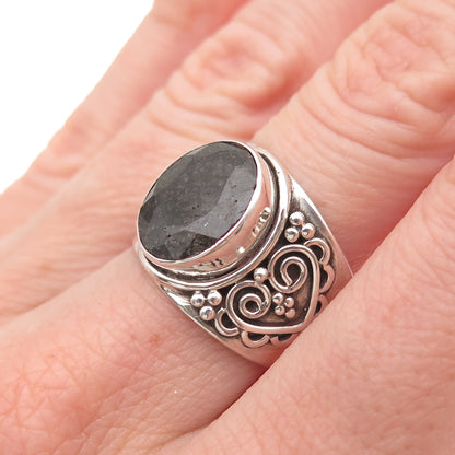 Samuel Benham Sterling Silver Vintage Real Black Sapphire Heart Ring Size 7.25