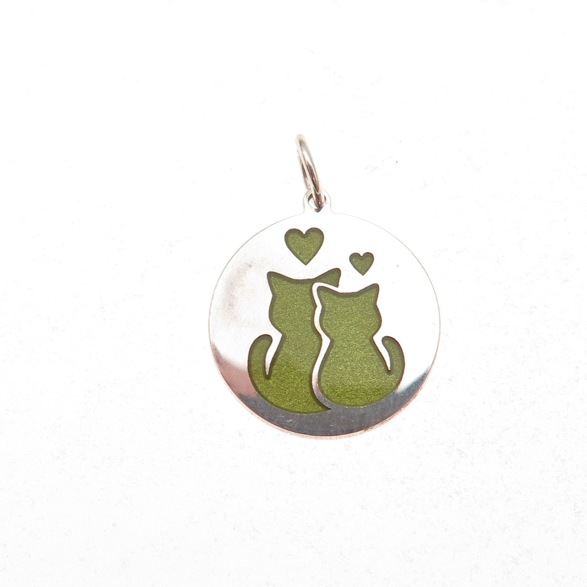 925 Sterling Silver Green Enamel Cat Couple Heart Charm Pendant